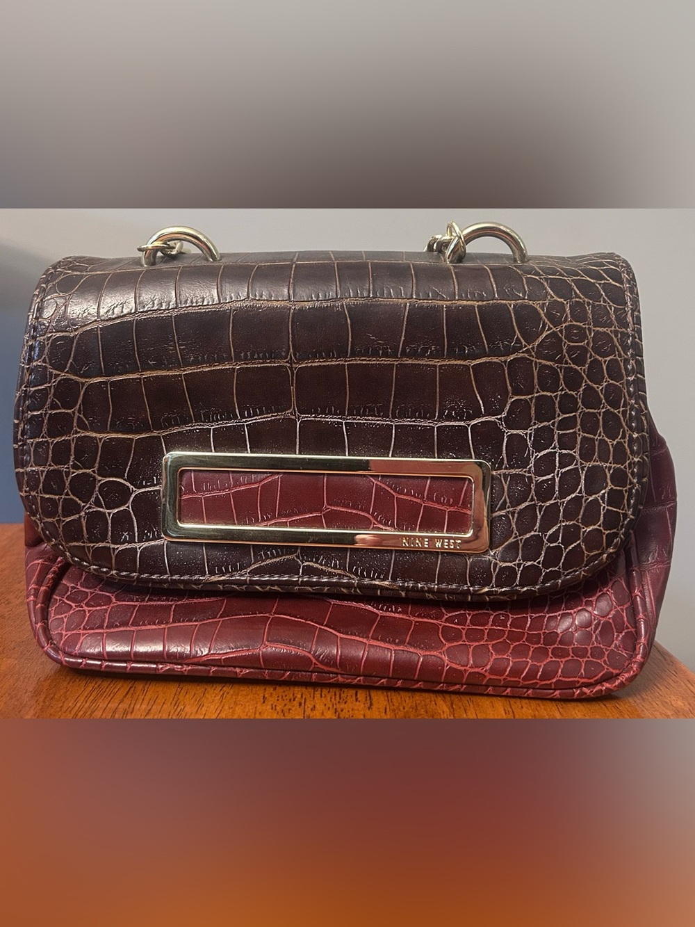 Nine West Brown and Burgundy Croc-Embossed Crossbody Bag